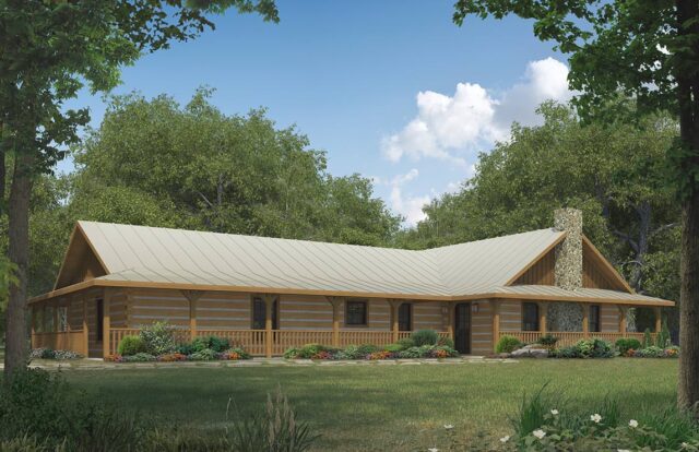 The image showcases a stunning digital rendering of one of our meticulously crafted log homes.