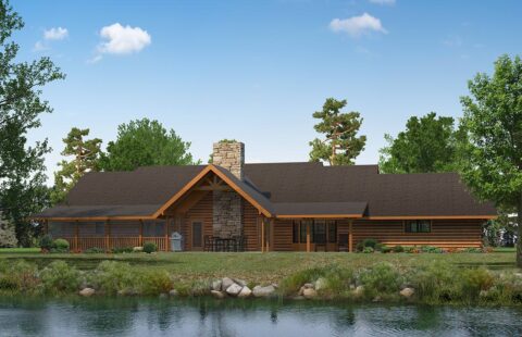The image depicts an artistically rendered design of a beautiful log home manufactured by our company.