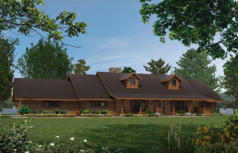 The image depicts a computer rendering of a beautifully designed log home manufactured by our company.