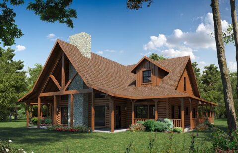 The image showcases a beautifully designed, detailed rendering of our exquisite log home plans.