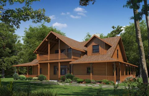 The image showcases an appealing architectural rendition of our classic log home plans.