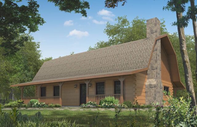 The image showcases a design rendering of a beautifully-crafted log cabin that our company specializes in manufacturing.