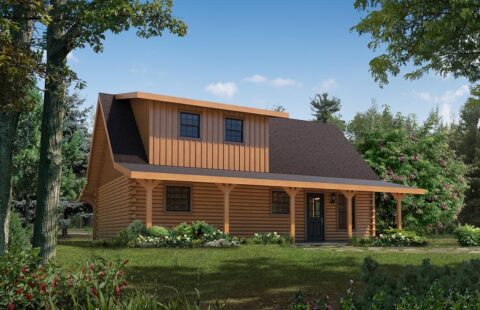 The image showcases a digital representation of an elegantly designed log cabin produced by our company.