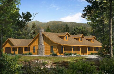The image showcases a beautifully designed log home, exquisitely crafted with wooden logs, boasting expansive windows and surrounded by lush greenery.