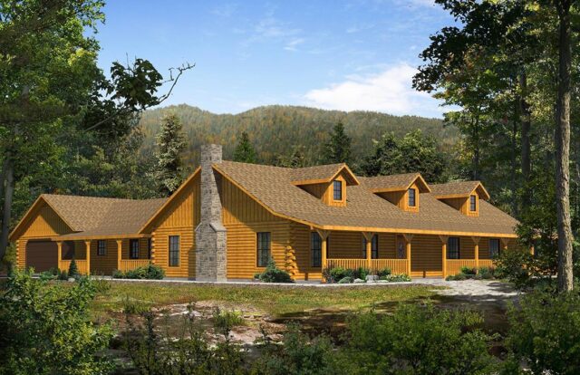 The image showcases a beautifully designed log home, exquisitely crafted with wooden logs, boasting expansive windows and surrounded by lush greenery.