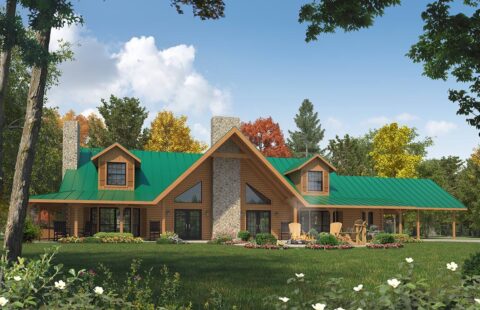The image depicts a beautifully designed 3D rendering of our log home plans, showcasing the exceptional craftsmanship and attention to detail characteristic of our brand.