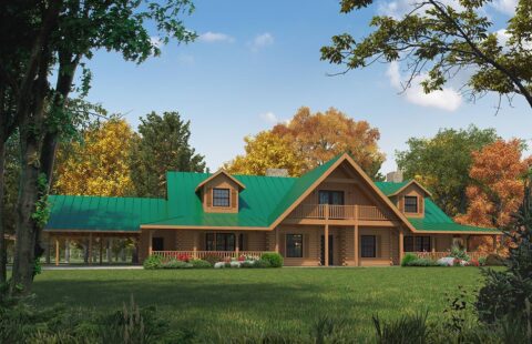 The image showcases a beautifully designed, digitally rendered log home exuding immense rustic charm and natural aesthetic appeal.