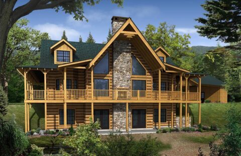 The image displays a stunning digital rendering of our beautifully crafted log home design.