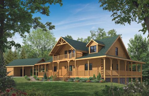 The image showcases a digital rendering of one of our beautifully designed log homes.