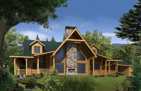 The image displays a digital rendering of a beautifully designed log home that our company produces.