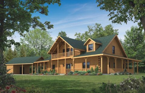 The image displays a beautifully designed architectural render of one of our high-quality log homes.