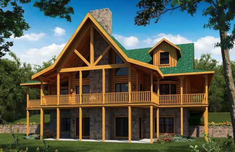 The image displays an architecturally detailed render of our meticulously designed log home plan.
