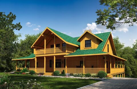 The image displays a beautifully designed 3D rendering of a top-quality log home that our company specializes in manufacturing.