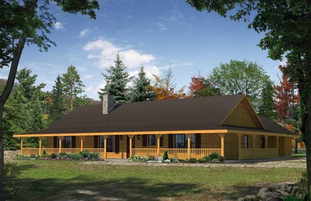 The image features a stunning 3D rendering of our meticulously designed log home plans, exhibiting premium craftsmanship, charming aesthetics and impressive durability.
