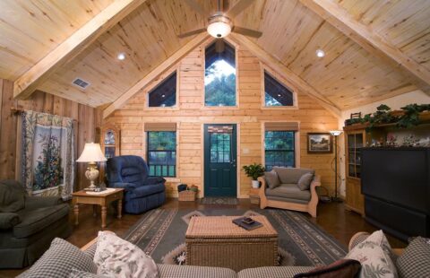 The image showcases a cozy and inviting living room situated inside one of our beautifully crafted log cabins.