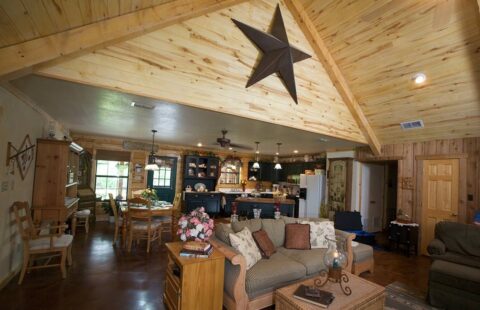 The image showcases a cozy living room in one of our meticulously crafted log cabins, featuring rustic charm accentuated by a unique star design on the ceiling.