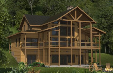 The image showcases a 3d rendering of a beautifully constructed log home, highlighting our excellent craftsmanship in timber construction.
