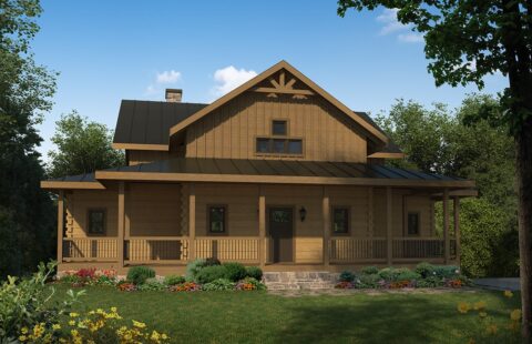 The image displays a digital rendering of our meticulously designed log home plans, showcasing the home's rustic charm and cozy aesthetics.