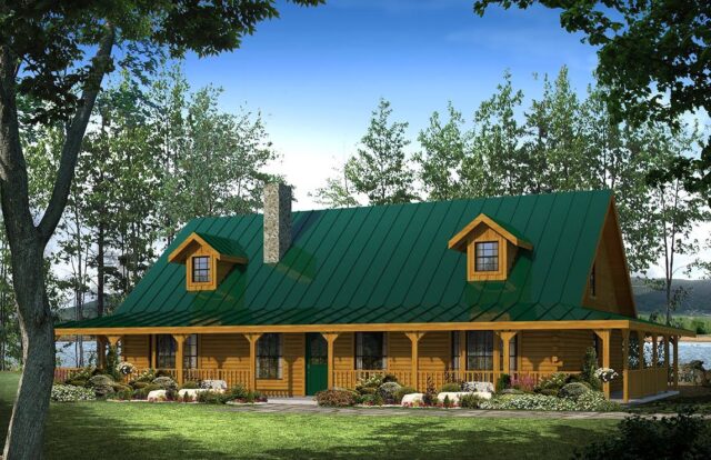 The image showcases a beautifully designed 3D rendering of one of our premium quality log homes.