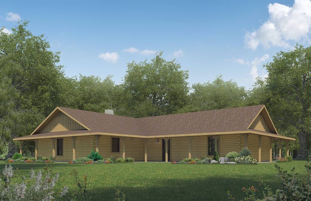 The image portrays a beautifully designed 3D rendering of a rustic log home, manufactured by our company, showcasing natural wooden exteriors and intricate architectural details.