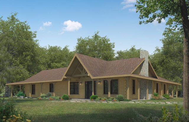 The image showcases a detailed and beautifully designed architectural rendering of our superlative log home plans.