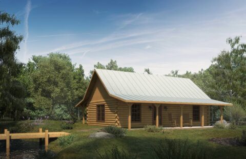 The image displays a beautifully crafted log cabin nestled within a serene forest setting, showcasing our company's exceptional craftsmanship and design in producing high-quality log homes.