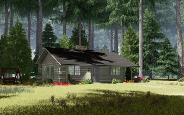 Pure River compact cabin front rendering.