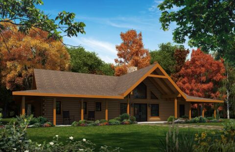 The image showcases a detailed computer rendering of our expertly planned log home design.