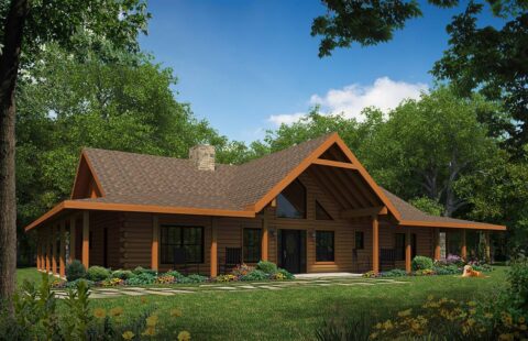 The image displays a detailed architectural rendering of our proposed log home plans, showcasing a rustic design with multiple rooms, a spacious layout, and stunning wooden details.