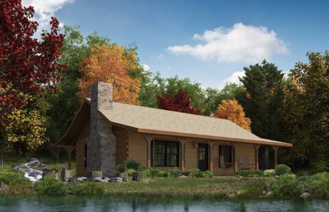 The image showcases a beautifully designed log cabin by our company, ideally positioned near a tranquil lake.