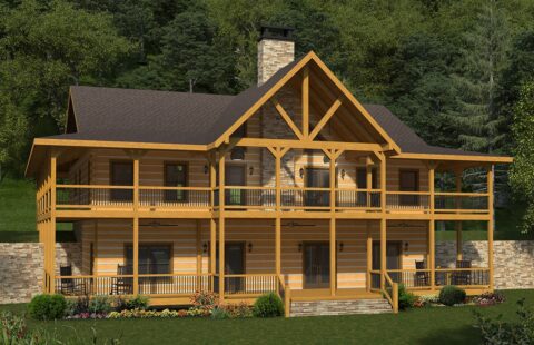 The image showcases a 3D rendering of a beautifully crafted log home, demonstrating our company's commitment to quality and precision in manufacturing.