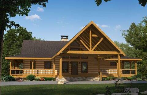 The image shows an artist's rendering of our company's log home plans featuring a rustic style house surrounded by a lush green landscape.
