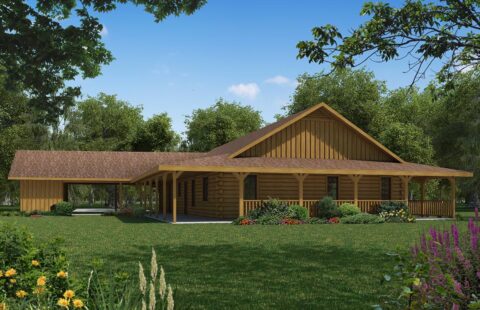 The image showcases a meticulously detailed rendition of our planned log home design, displaying impressive craftsmanship and beautiful, natural aesthetics.