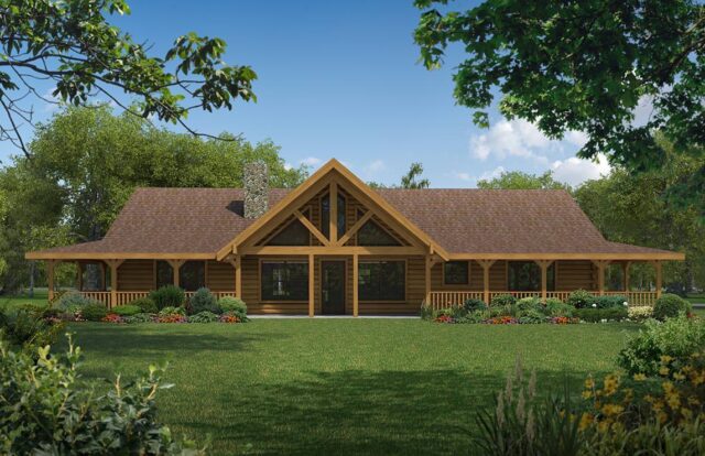 The image displays a detailed computer-generated illustration of our proposed log home design, showcasing the rustic charm and sophisticated materials that we use in manufacturing.