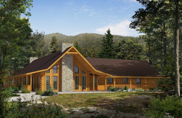 The image showcases a beautifully rendered design of our log home, exuding rustic charm and elegance.