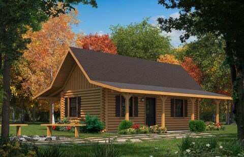 The image depicts a visually stunning representation of our company's log cabin nestled amidst its serene woodland surroundings.