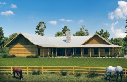 The image showcases a beautifully rendered log home featuring a fenced area accommodating a majestic horse.