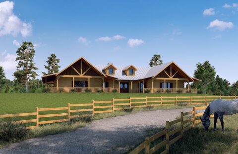 The image features a digital illustration of one of our beautifully crafted log homes, complemented by an idyllic scene of a horse peacefully grazing in the front yard.