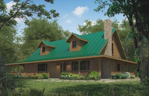 The image showcases a beautifully designed log home manufactured by our company, featuring a unique green roof.