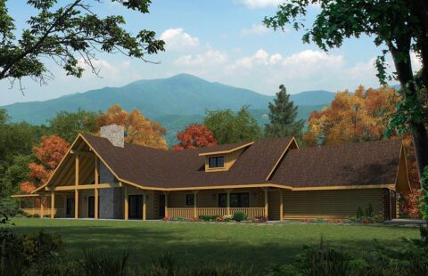 The image showcases a beautifully rendered log home that embodies our company's commitment to quality craftsmanship and sustainable construction.