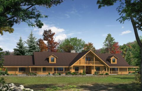 The image portrays a detailed and aesthetically pleasing digital representation of our company's luxurious log home design plans.