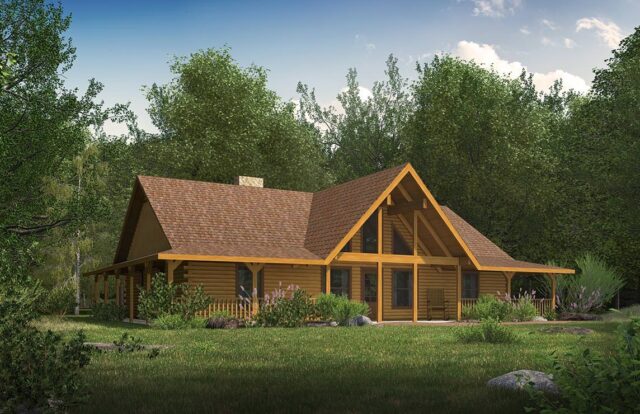 The image depicts a meticulously designed rendering of one of our premium log homes.