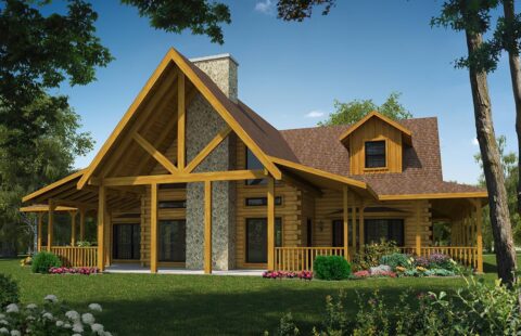 The image presents a beautifully designed 3D rendering of a high-quality, cozy log home we manufacture, showcasing intricate craftsmanship and nestled in the midst of natural scenery.