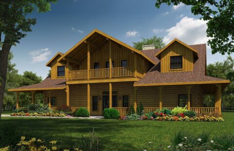The image showcases a stunning front elevation of our log home plans, featuring a charming rustic design with large windows and an inviting porch.