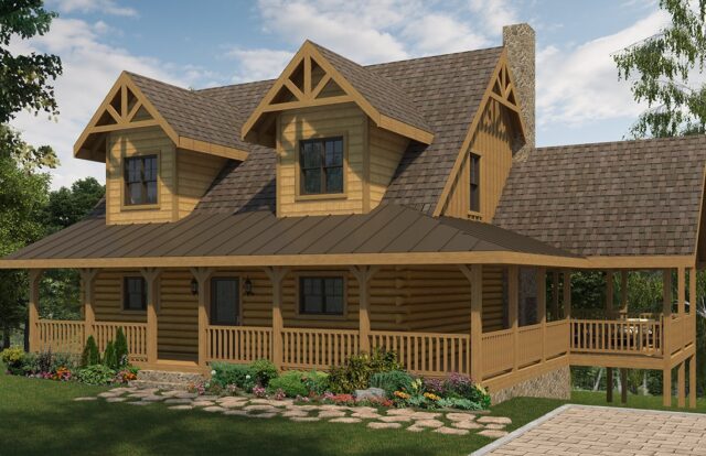 The image depicts an artistically designed render of a log home manufactured by our company, complete with a welcoming porch.