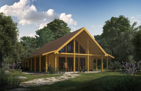 The image showcases an artist's rendering of our beautifully crafted log cabin, nestled serenely amidst a verdant woodland setting.