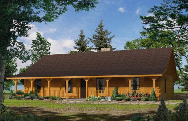 The image depicts a beautifully designed and finely crafted log cabin home that embodies our company's commitment to quality and natural elegance.
