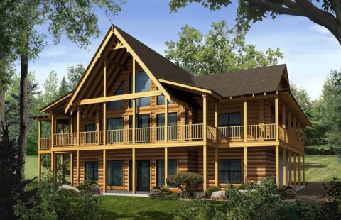 The image displays an artistic rendering of our meticulously designed log home plans, showcasing the unique architecture and natural aesthetic typical of our craftsman-quality constructions.