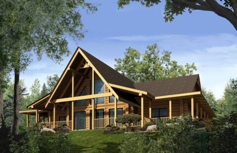 The image features a 3D rendering of a beautifully designed log home manufactured by our company.
