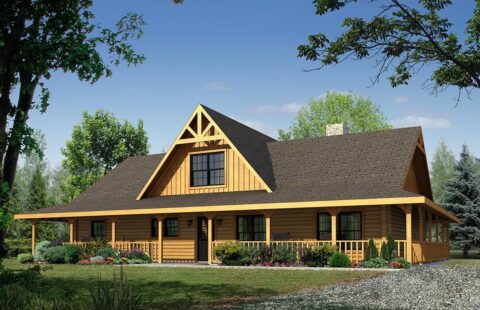 The image features a beautiful, detailed rendering of our company's robust and visually stunning log home plans.